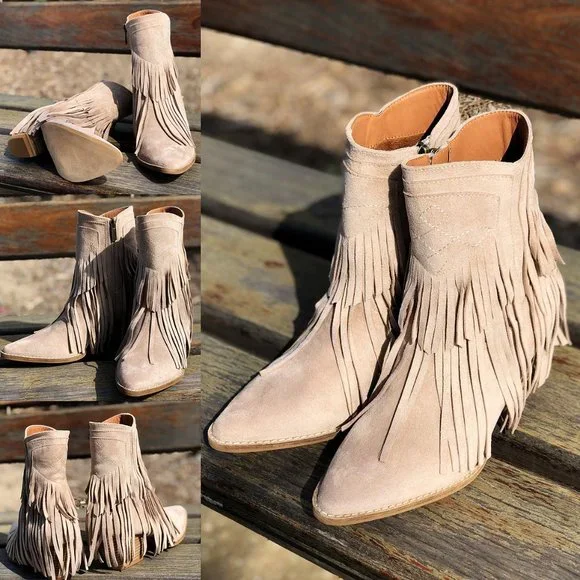 NEW Fringe Tassel Faux Suede Pointy Toe Block Heel Western Booties Boots Taupe - Picture 6 of 14